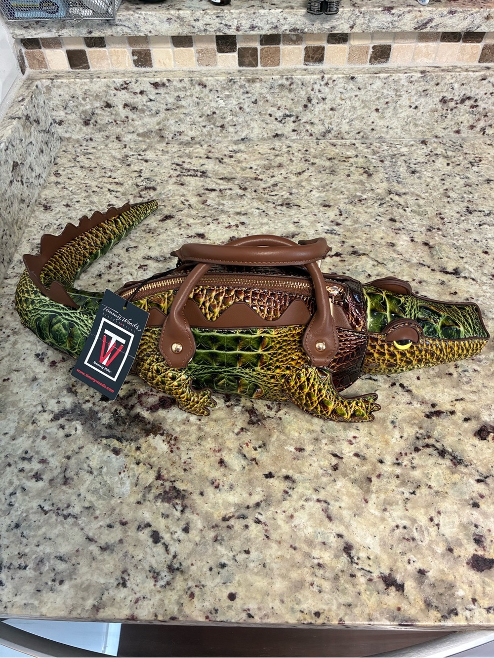 Timmy Woods Beverly Hills "Gettie The Gator” wearable art bag